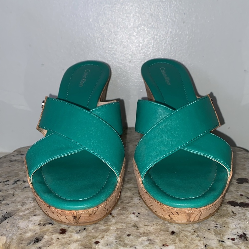 Calvin Klein EVAH Crisscross Cork Wedge Heel Open Toe Sandals Teal Size 8 - Picture 5 of 16